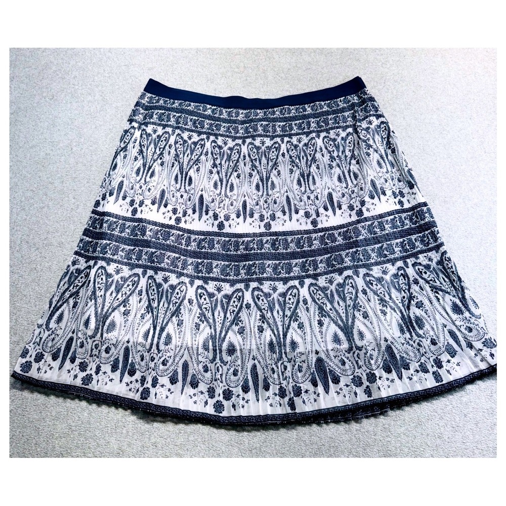 Metrowear Skirt Womens XL Navy White Paisley Pleated Midi Elastic Waist Boho